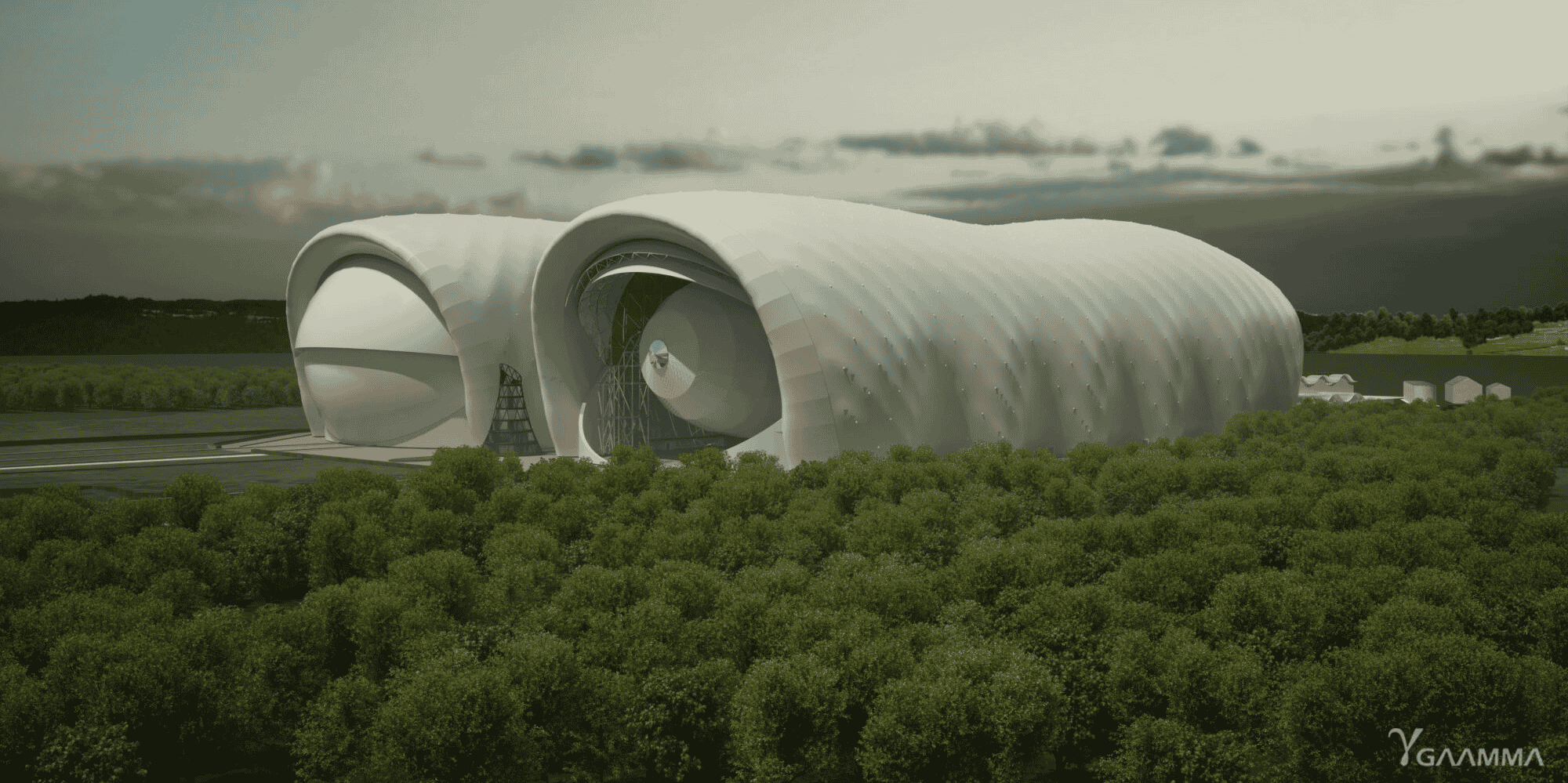 Esquisse des futurs hangars géants de Flying Whales à Laruscade, en Gironde.