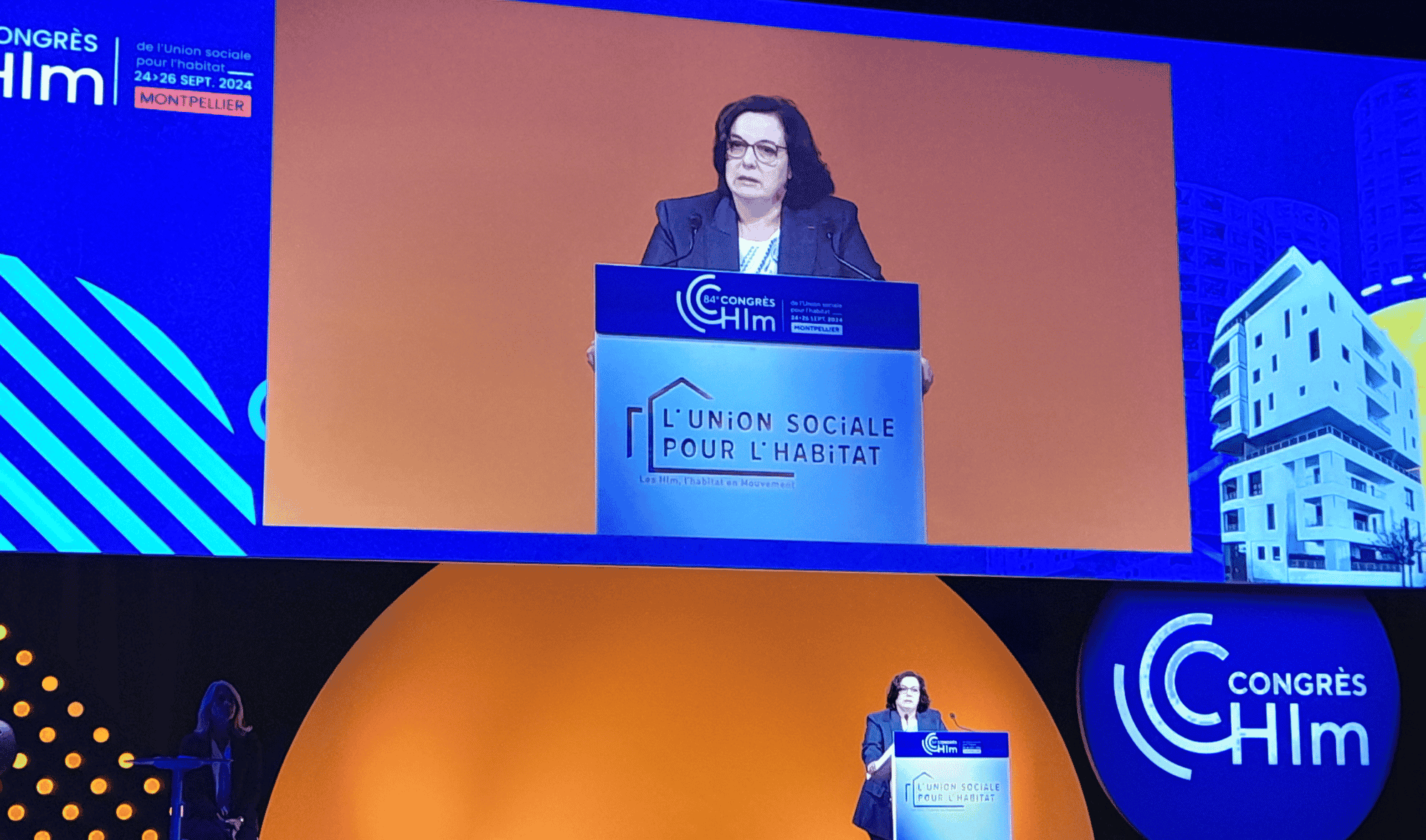 Emmanuelle Cosse, présidente de l'Union sociale pour l'Habitat (USH), en ouverture du Congrès HLM le 24 septembre 2024 à Montpellier.
