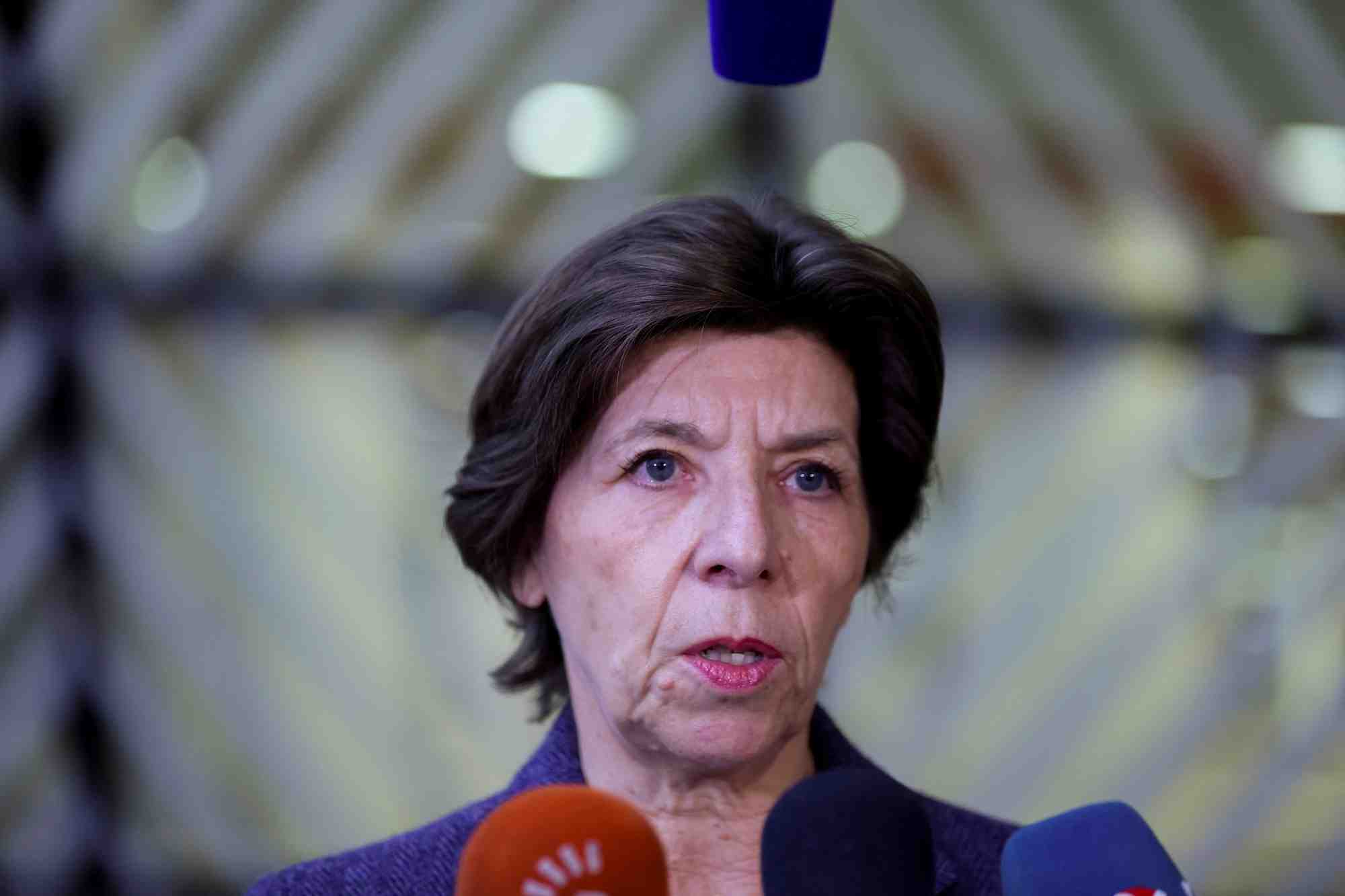 La ministre francaise des affaires etrangeres catherine colonna, lors d'une reunion a bruxelles, en belgique