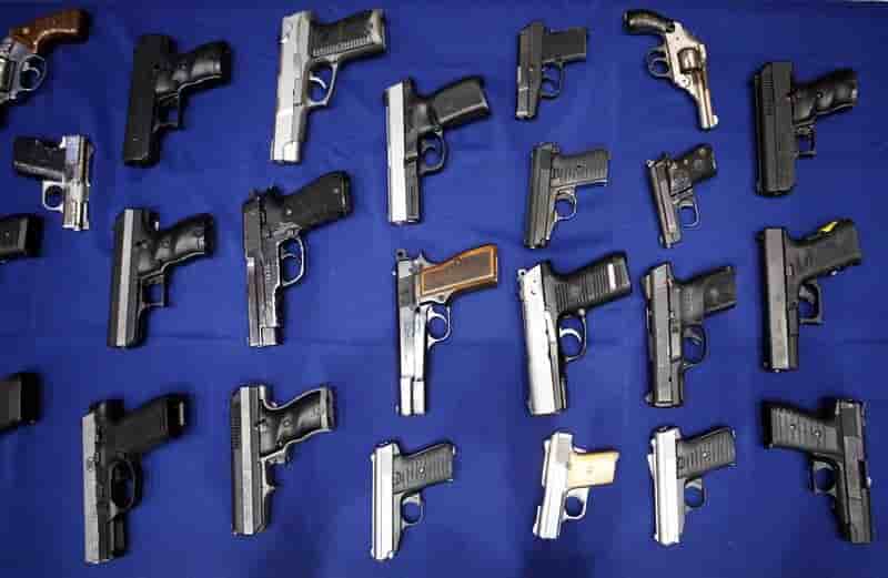Seized handguns are pictured at the police headquarters in new york city