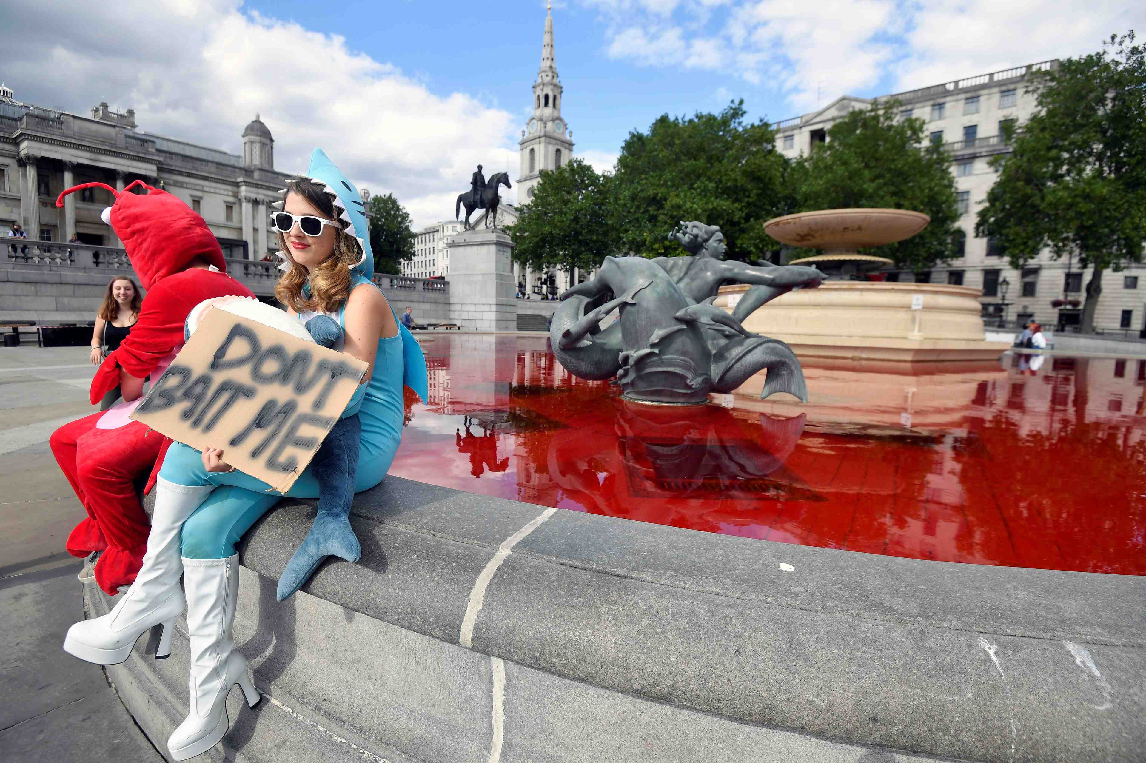 Des defenseurs des animaux colorent en rouge les fontaines de trafalgar square