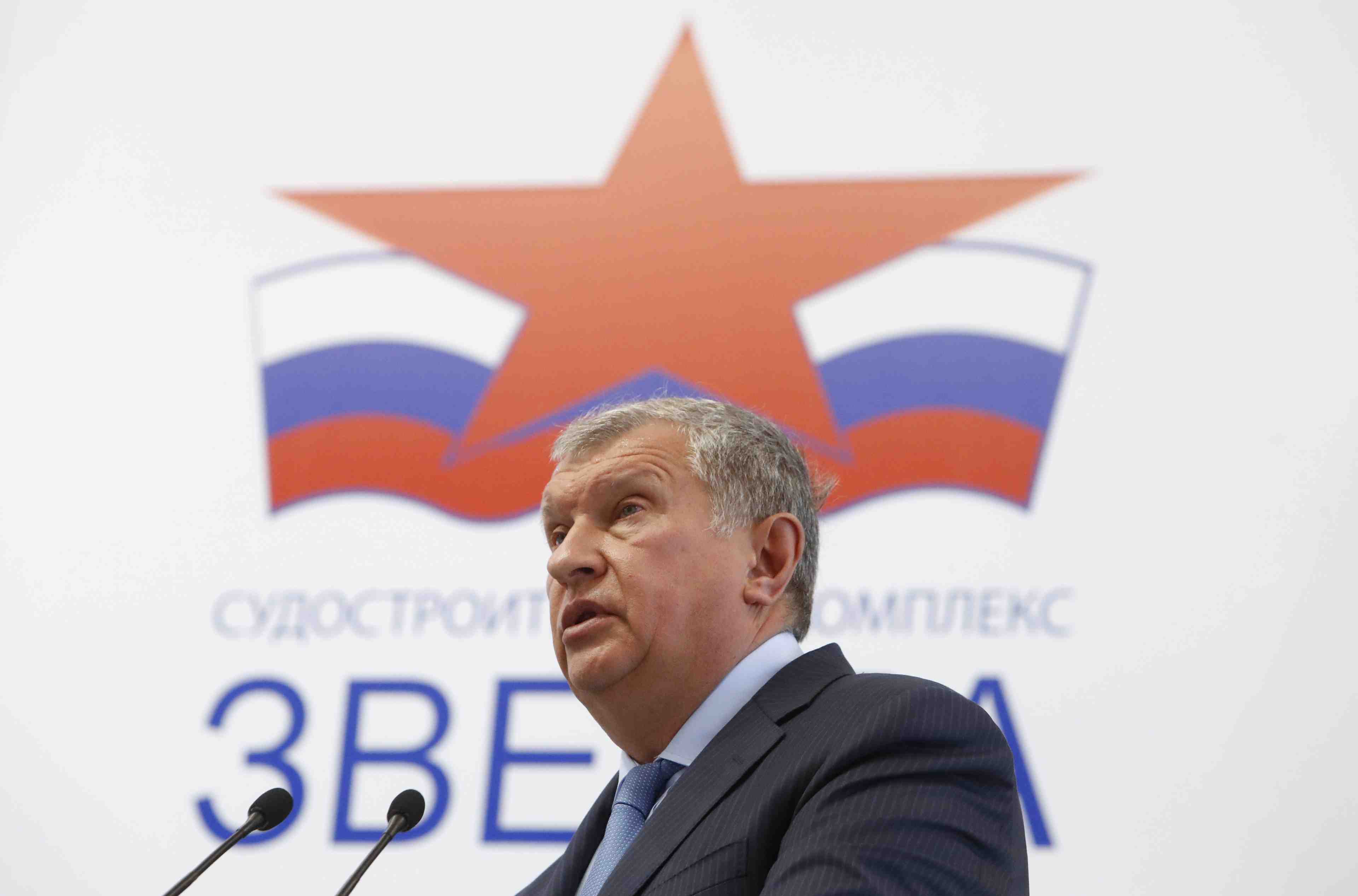 Rosneft chief executive sechin delivers a speech at the zvezda shipyard in the far eastern town of bolshoy kamen