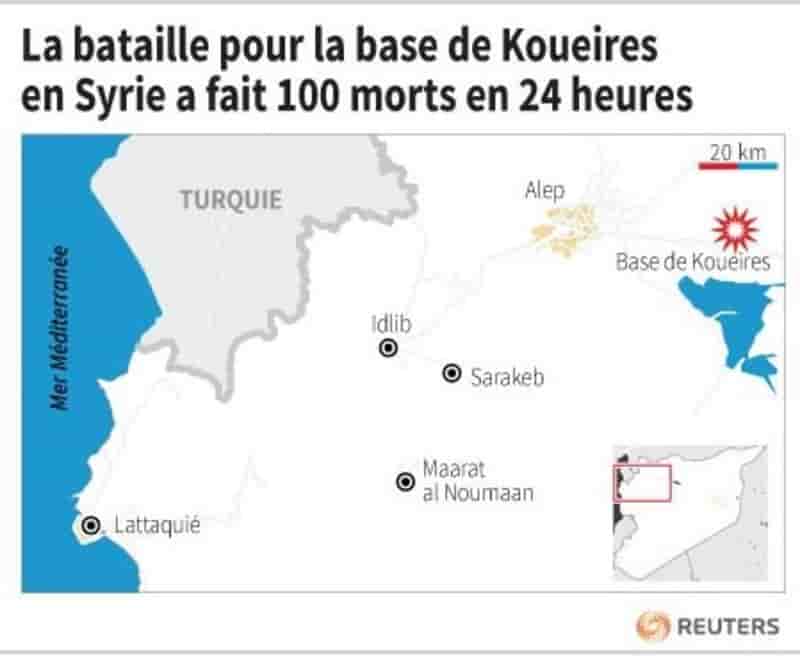 La bataille pour la base de koueires n syrie a fait 100 morts en 24 heures
