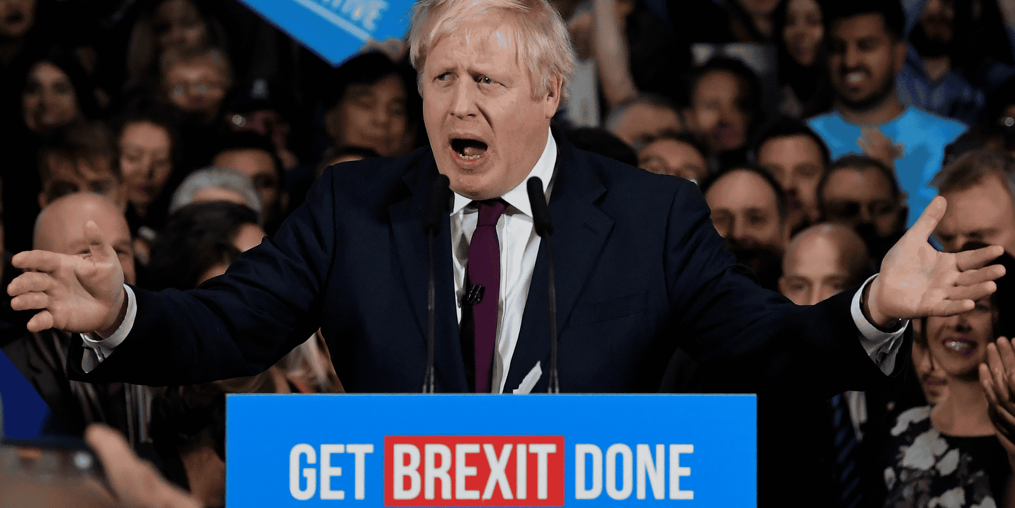 Manchester, le 10 décembre 2019. Boris Johnson, en discours de campagne pour les élections législatives anticipées, qui se tiendront ce jeudi.