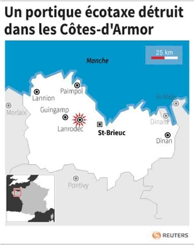 Un portique écotaxe détruit dans les Côtes-d'Armor