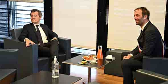 Gérald Darmanin (ministre de l'Intérieur) et Michaël Delafosse (maire de Montpellier) le 14 février 2022 à Montpellier