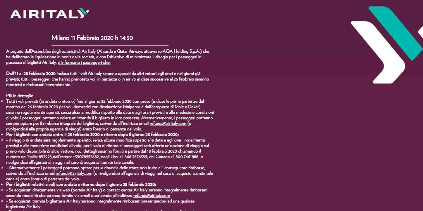 Le communiqué de presse annonçant la fin d'Air Italy et les mesures prises pour les passagers qui avaient pris des billets d'avion est le seul document consultable sur ce qui reste du site internet de la compagnie aérienne.
