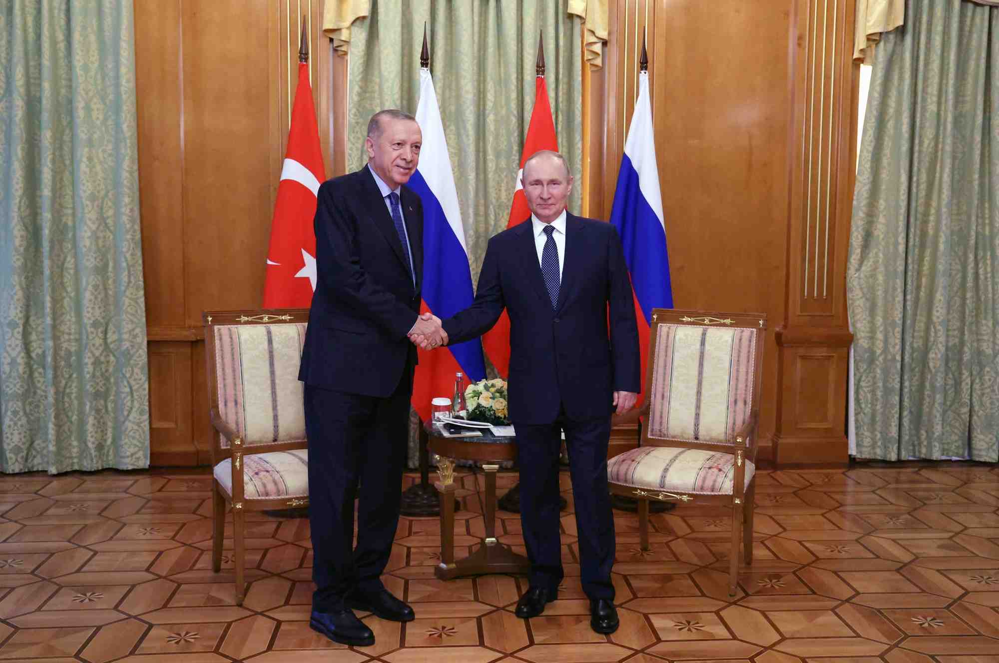 Le president russe vladimir poutine serre la main du president turc tayyip erdogan lors d'une reunion a sotchi en russie