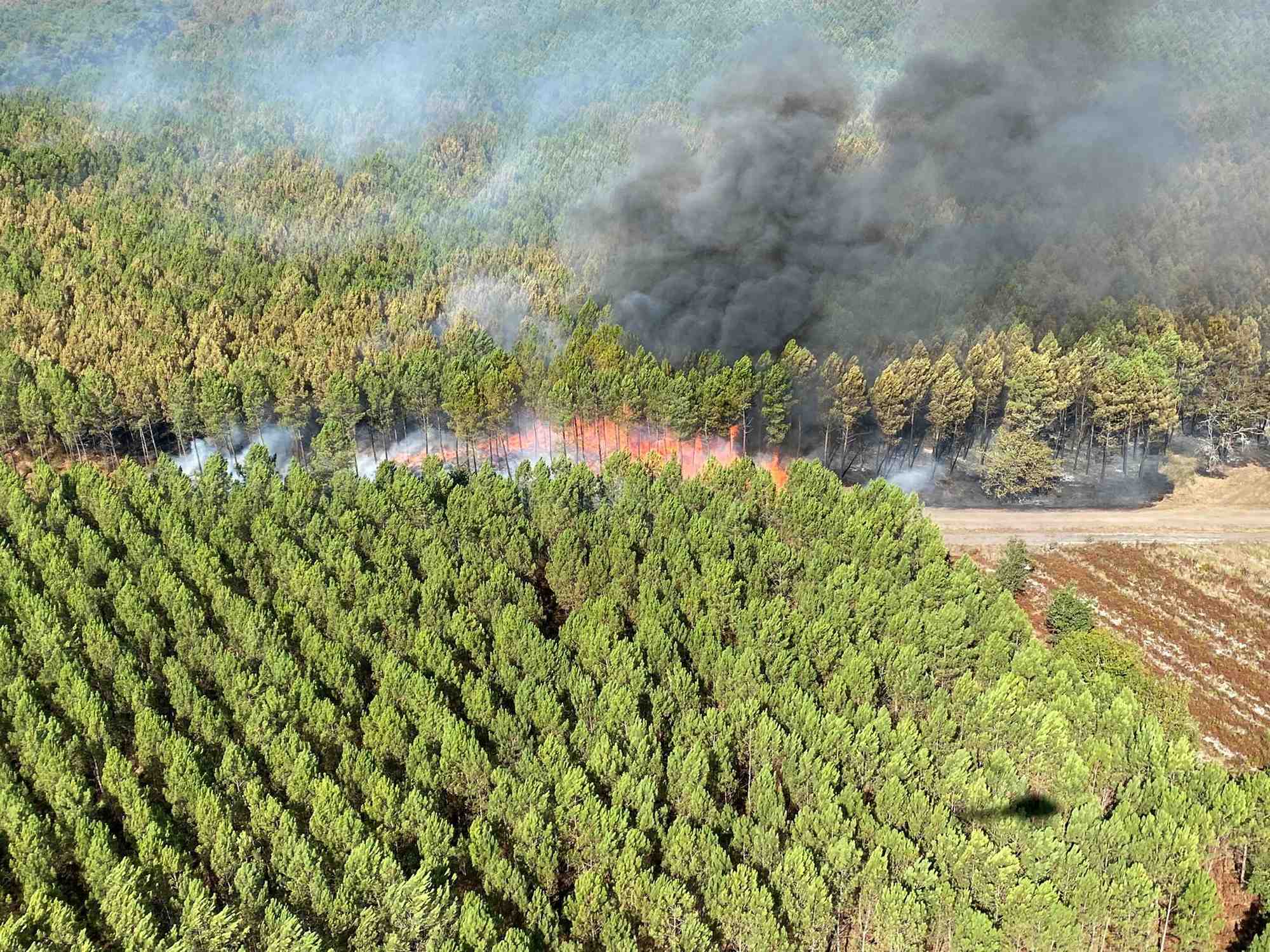 Une vue aerienne montre un incendie de foret en gironde en france
