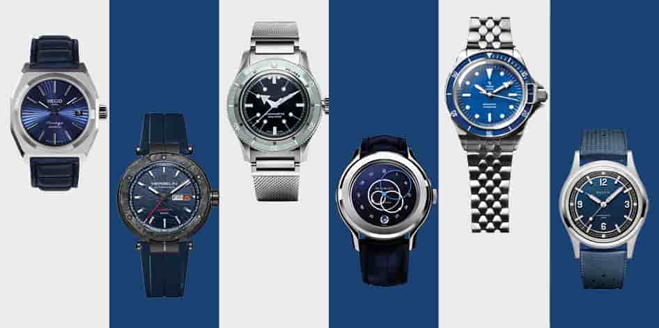 * 1 - HEGID Mirage Soleil Limitée à 100 ex., 3320 euros ; 2 - HERBELIN Newport Carbone Titane jour-date 43 mm, 1999 euros ; 3 - SERICA 5303 Bleu Cristallin 39 mm, 1490 euros ; 4 - BEAUBLEU Ecce Smalt 39 mm, 890 euros ; 5 - YEMA Superman Slim 39 mm, 2490 euros ; 6 - BALTIC Hermétique Tourer Bleue 37 mm, 660 euros
