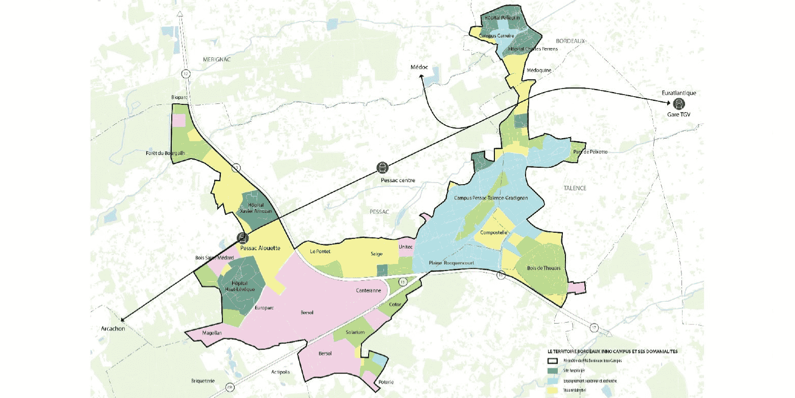 Le périmètre de Bordeaux Inno Campus s'étend principalement sur les communes de Pessac, Talence, Gradignan et Bordeaux.