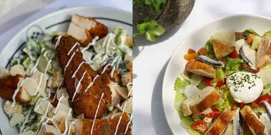 À gauche, la Caesar salad de la brasserie Les Trois Garçons, à Draguignan (Var). À droite, celle du Shangri-La, à Paris.