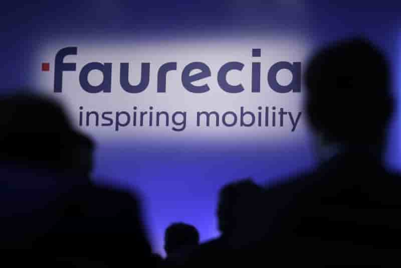 The logo of french car parts supplier faurecia is pictured during the company's 2016 annual results presentation in paris