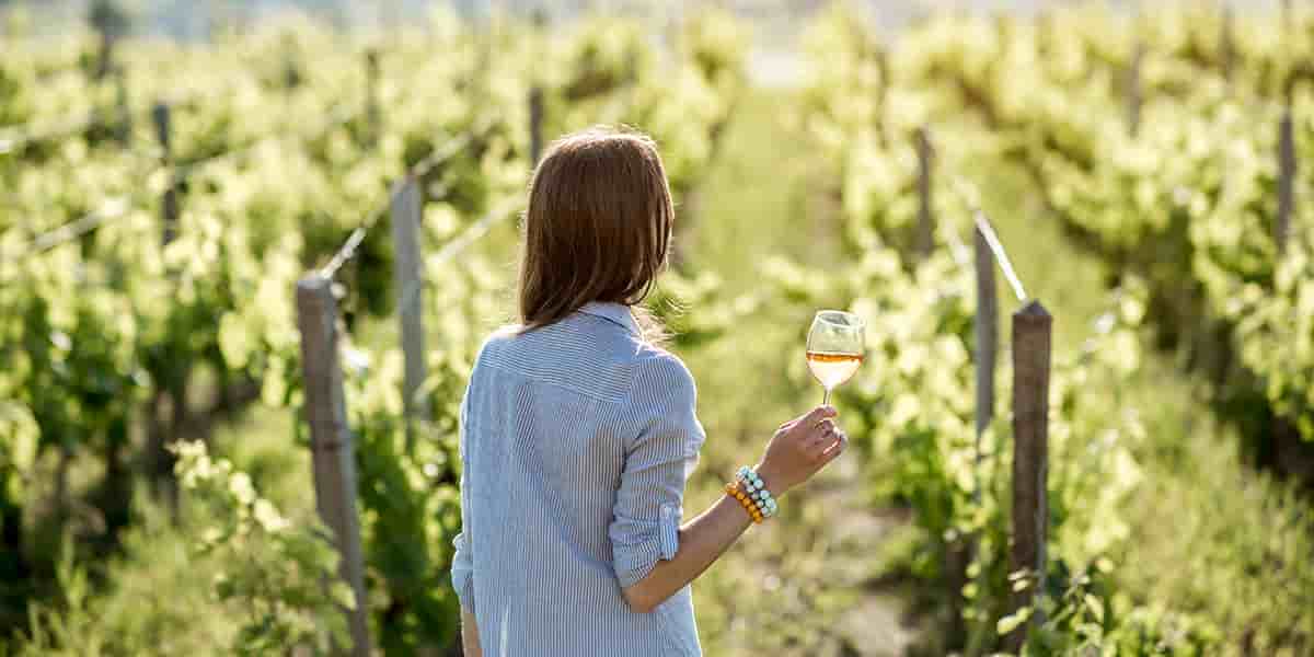 Femme tenant un verre de vin rosé au coeur des vignes.