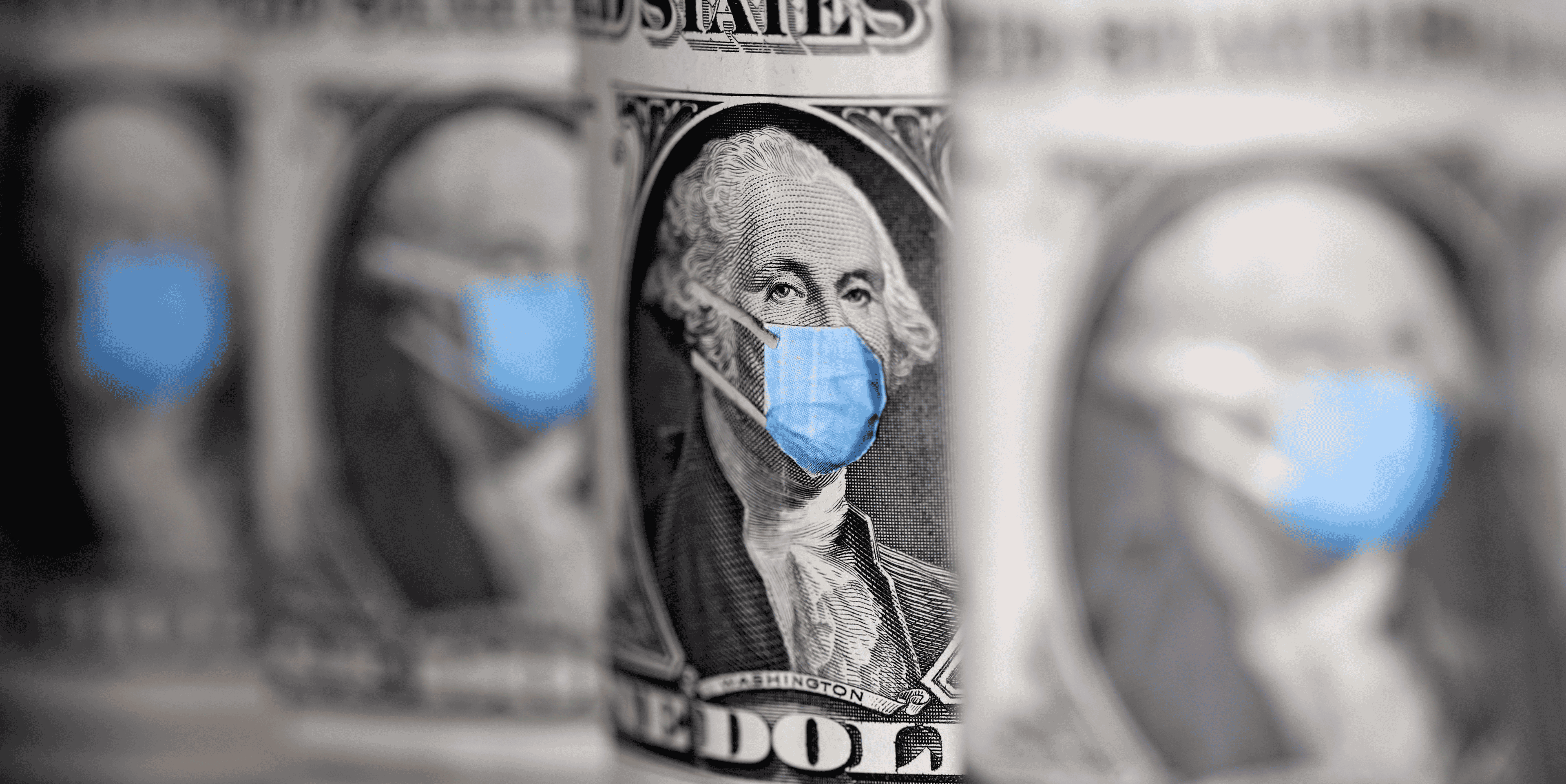 Illustration coronavirus : billet de 1 dollar sur lequel George Washington est représenté avec un masque