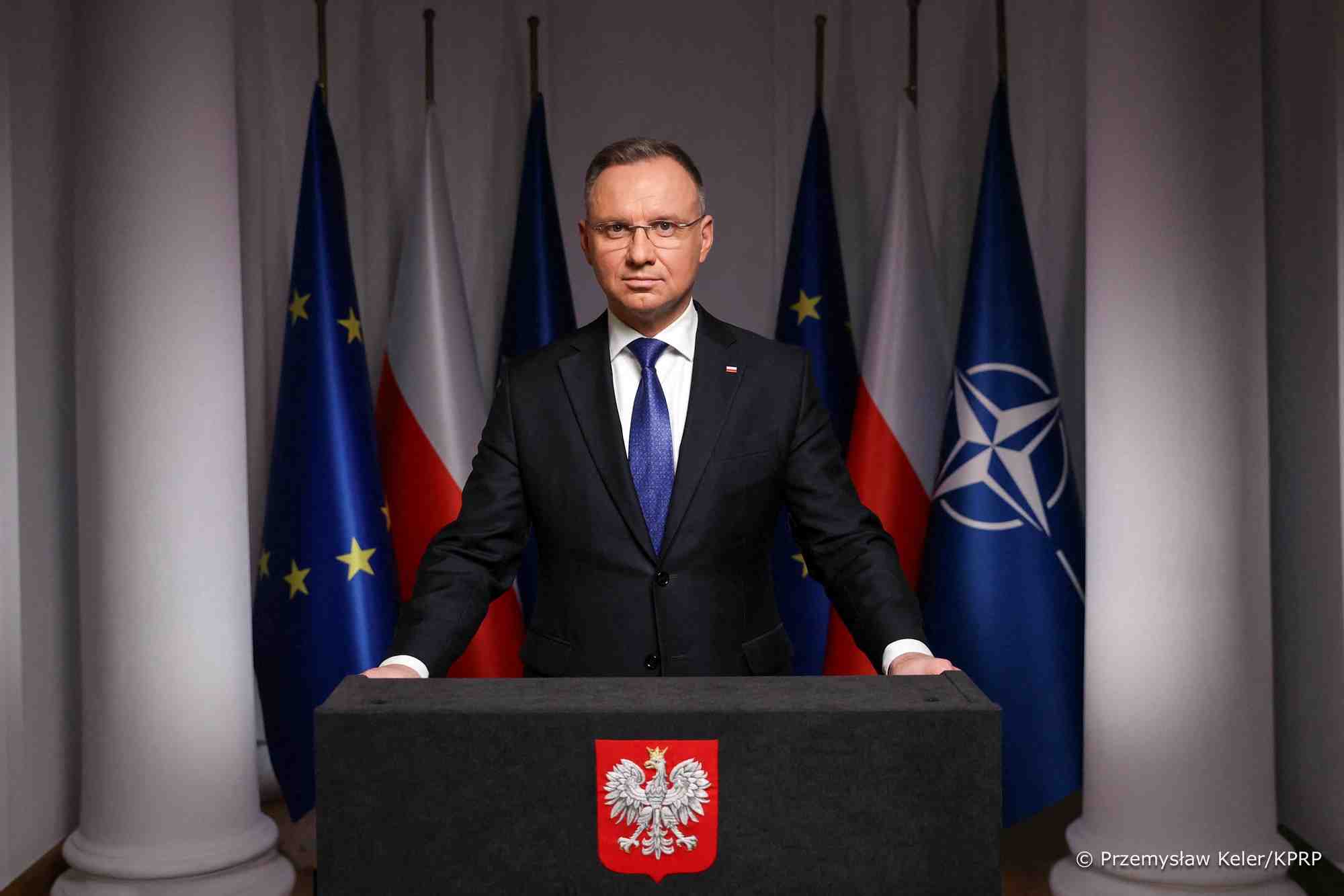Le president polonais andrzej duda s'exprime lors d'une annonce televisee au palais presidentiel, a varsovie
