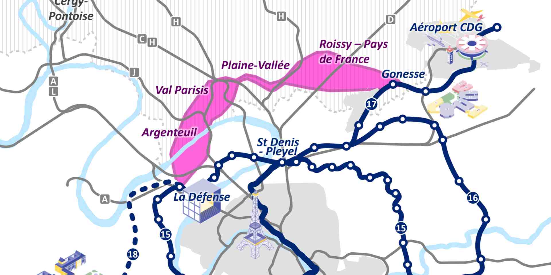 Le corridor en rose symbolise la ligne 19, en interconnexion avec la ligne 15 à La Défense et avec la ligne 17 à Gonesse.