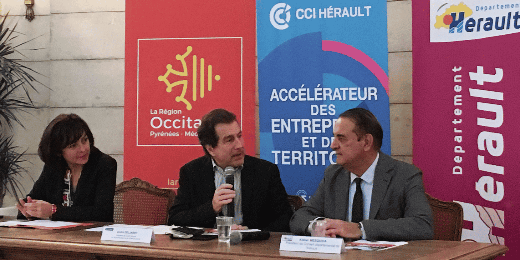 De gauche à droite : C. Delga (Région Occitanie), A. Deljarry (CCI 34) et K. Mesquida (Département de l'Hérault)