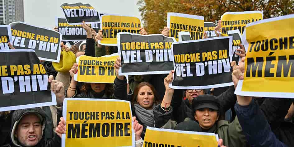 Le 12 novembre 2023, des manifestants protestent à Paris contre la présence de LFI sur le site du Vel’ d’Hiv.
