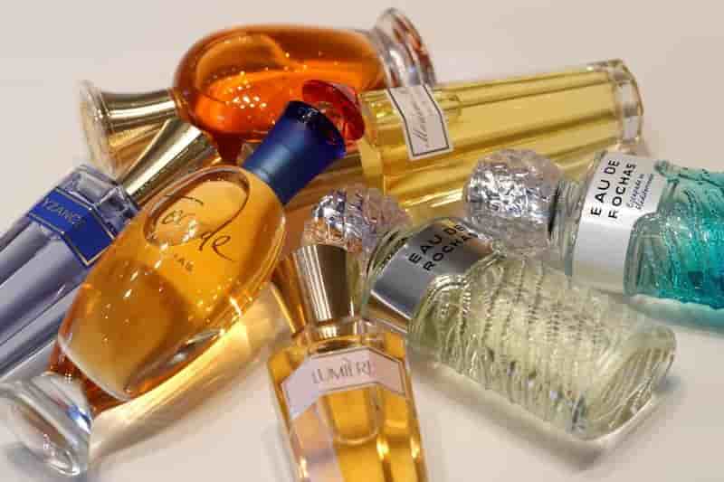 Botlles of perfumes by rochas are displayed in the office of perfume maker interparfums in paris