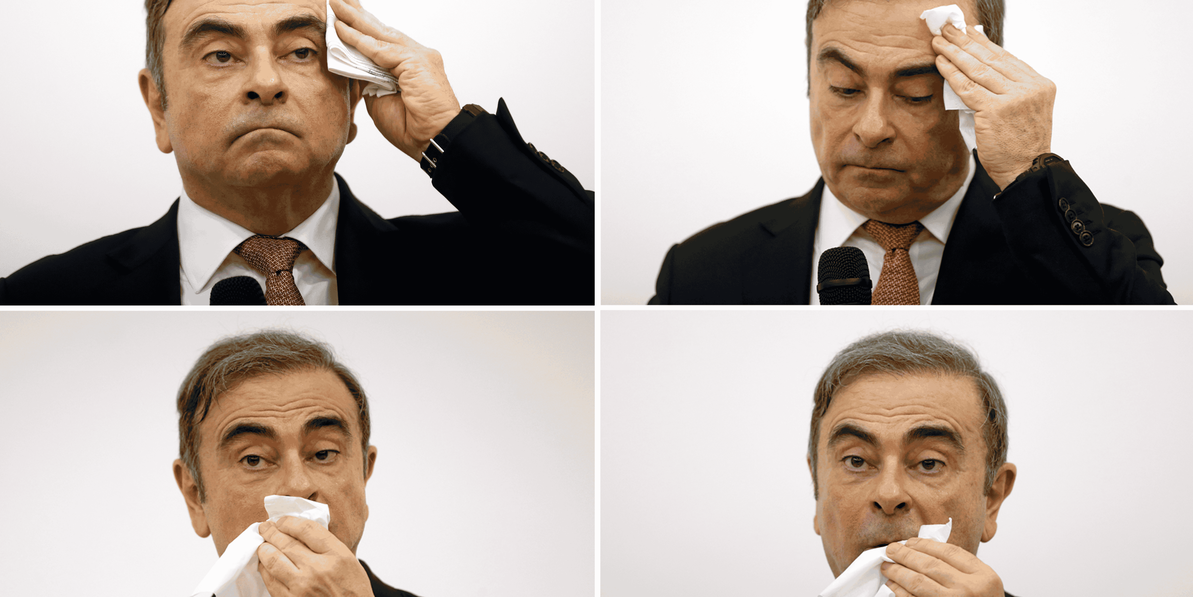 Collage photo Carlos Ghosn lors de sa conférence de presse au Liban le 8 janvier 2020