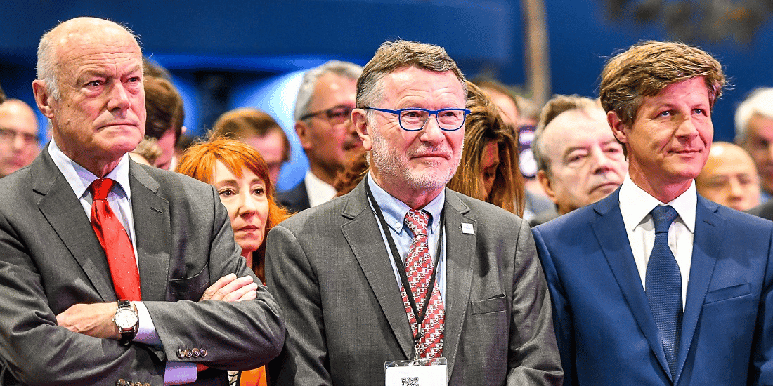Patrick Seguin entre Alain Rousset (président de Nouvelle-Aquitaine), à gauche, et Nicolas Florian (maire de Bordeaux) lors de l'inauguration de Vinexpo Bordeaux 2019.