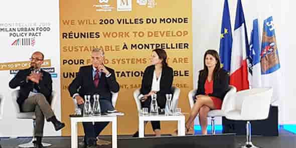 Le 7 octobre lors du Sommet du Pacte de Milan à Montpellier : Damien Conaré (chaire Unesco Alimentation du monde Montpellier Supagro), Philippe Saurel (maire et président de la Métropole de Montpellier), Cécile Michel (Pacte de Milan) et Mylène Fourcade (Métropole de Montpellier).