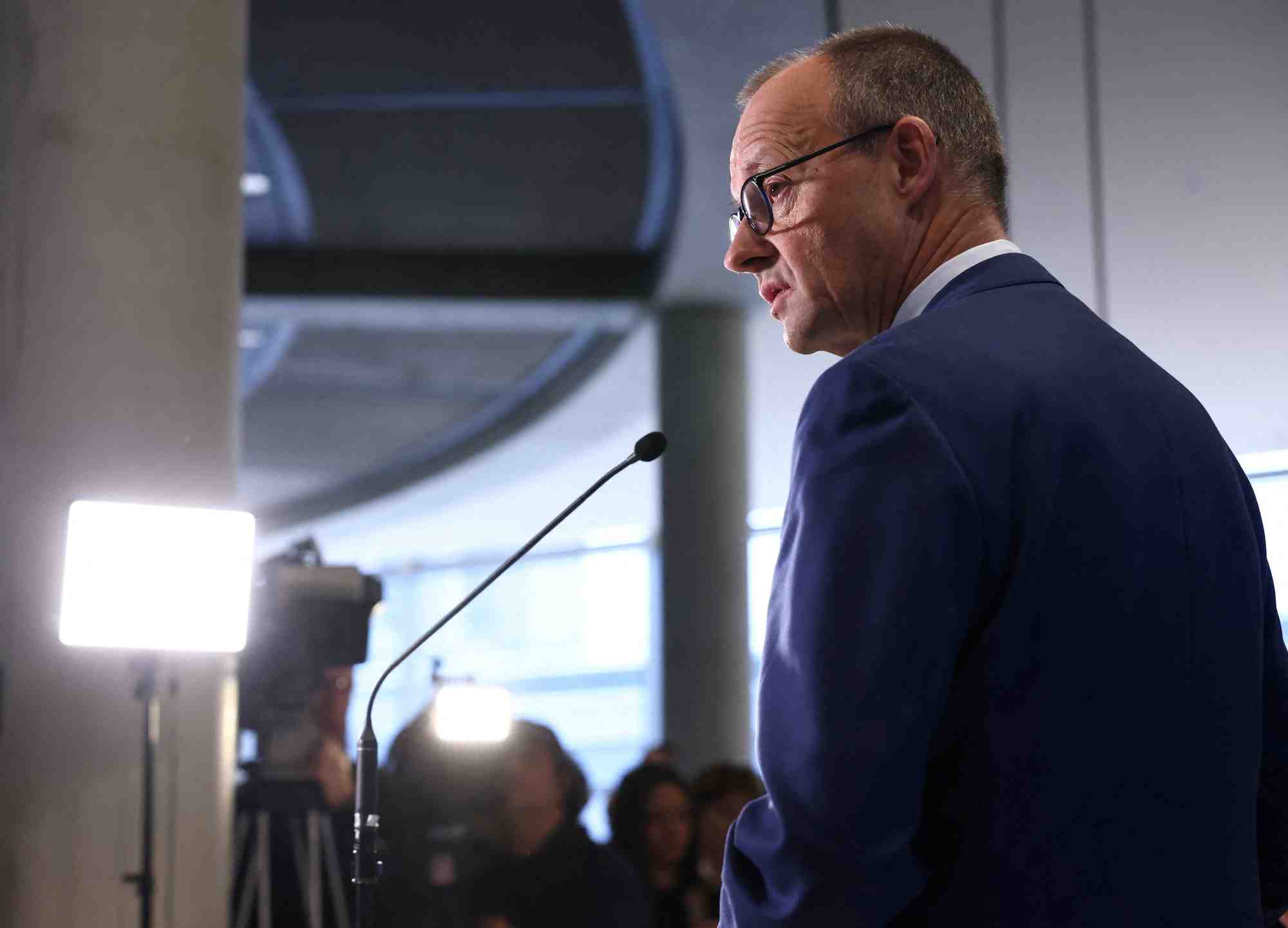 Friedrich merz, le chef du parti conservateur de l'union chretienne-democrate lors d'une declaration