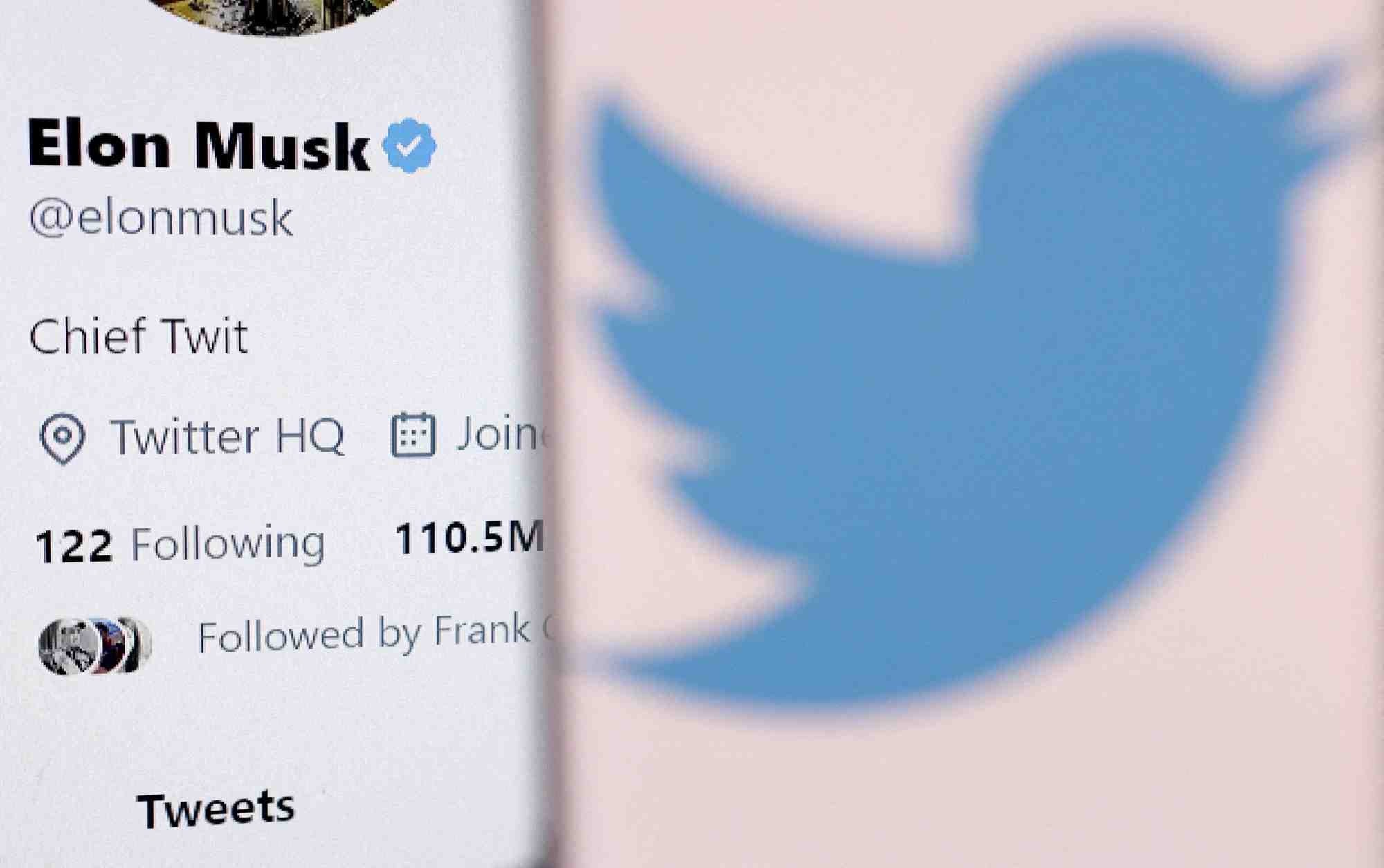 Photo d'archives : une illustration montre le compte d'elon musk et le logo twitter