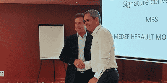 André Deljarry, président du MBS, et Samuel Hervé, président du Medef Montpellier, lors de la signature de l'accord