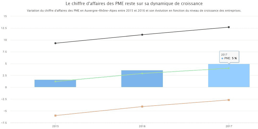 Variation du chiffre d'affaires des PME en Auvergne-Rhône-Alpes de 2015 à 2017