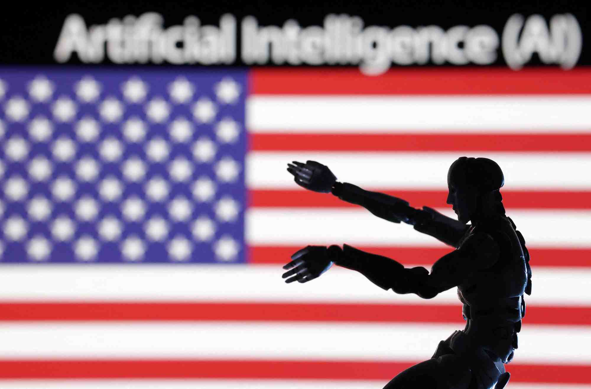 Illustration du drapeau americian, d'un robot miniature et des mots "intelligence artificielle"