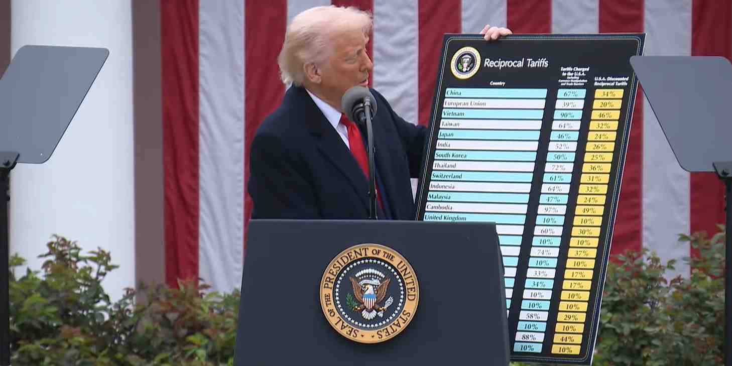 Donald Trump présentant les droits de douane réciproques appliqués à certains pays.