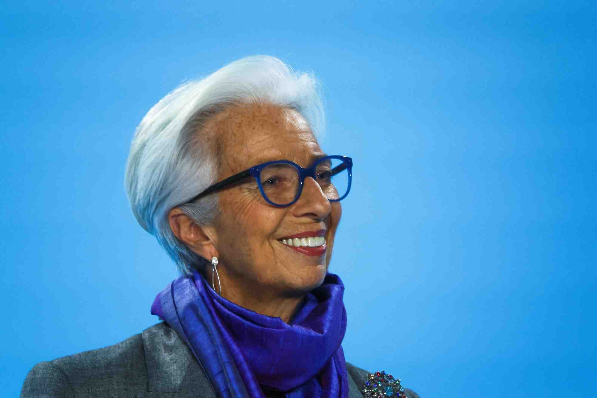 La presidente de la banque centrale europeenne, christine lagarde, lors d'une conference de presse apres la reunion de politique monetaire de la bce a francfort