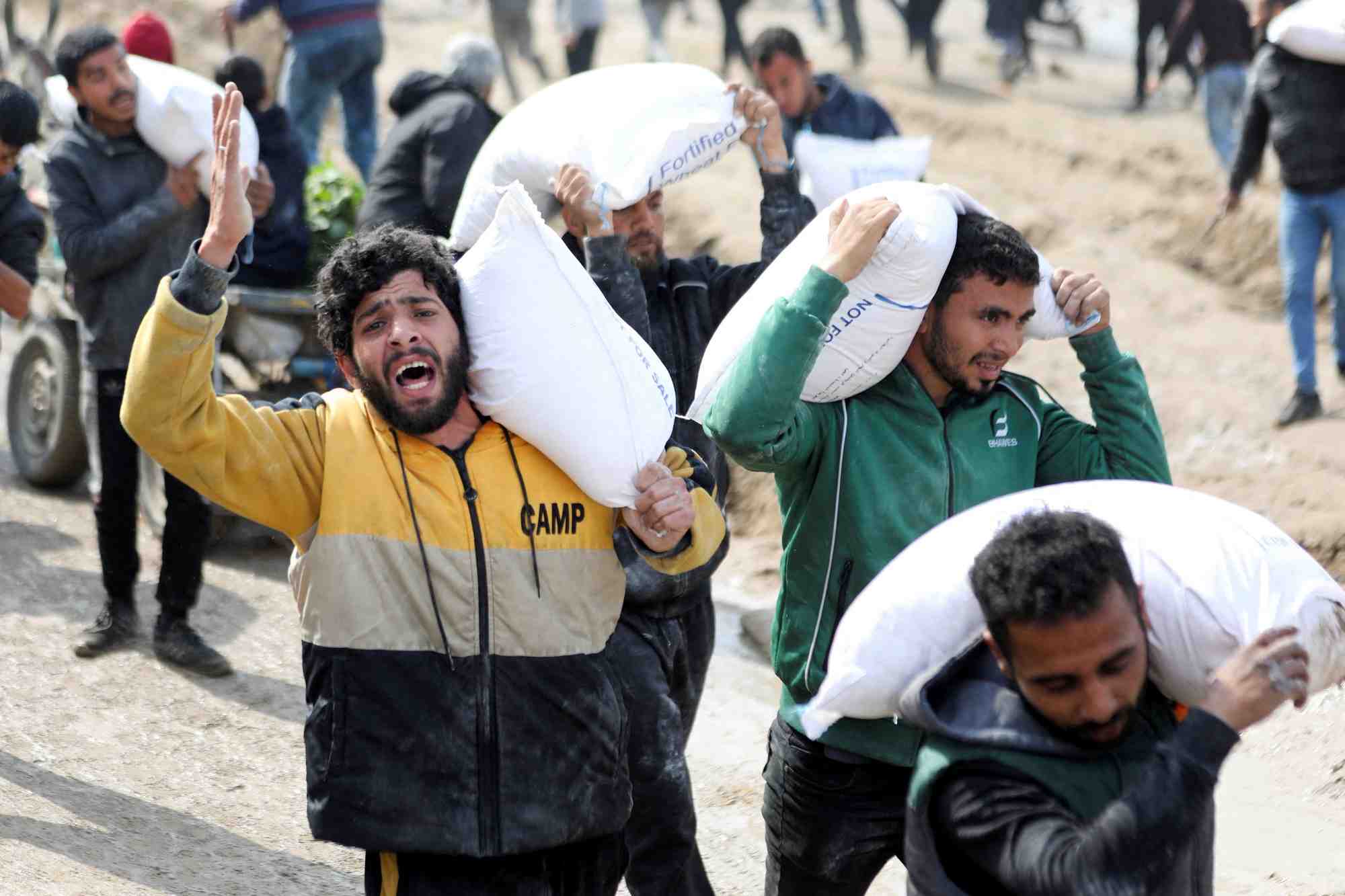 Des palestiniens transportent des sacs de farine recuperes dans un camion humanitaire a gaza