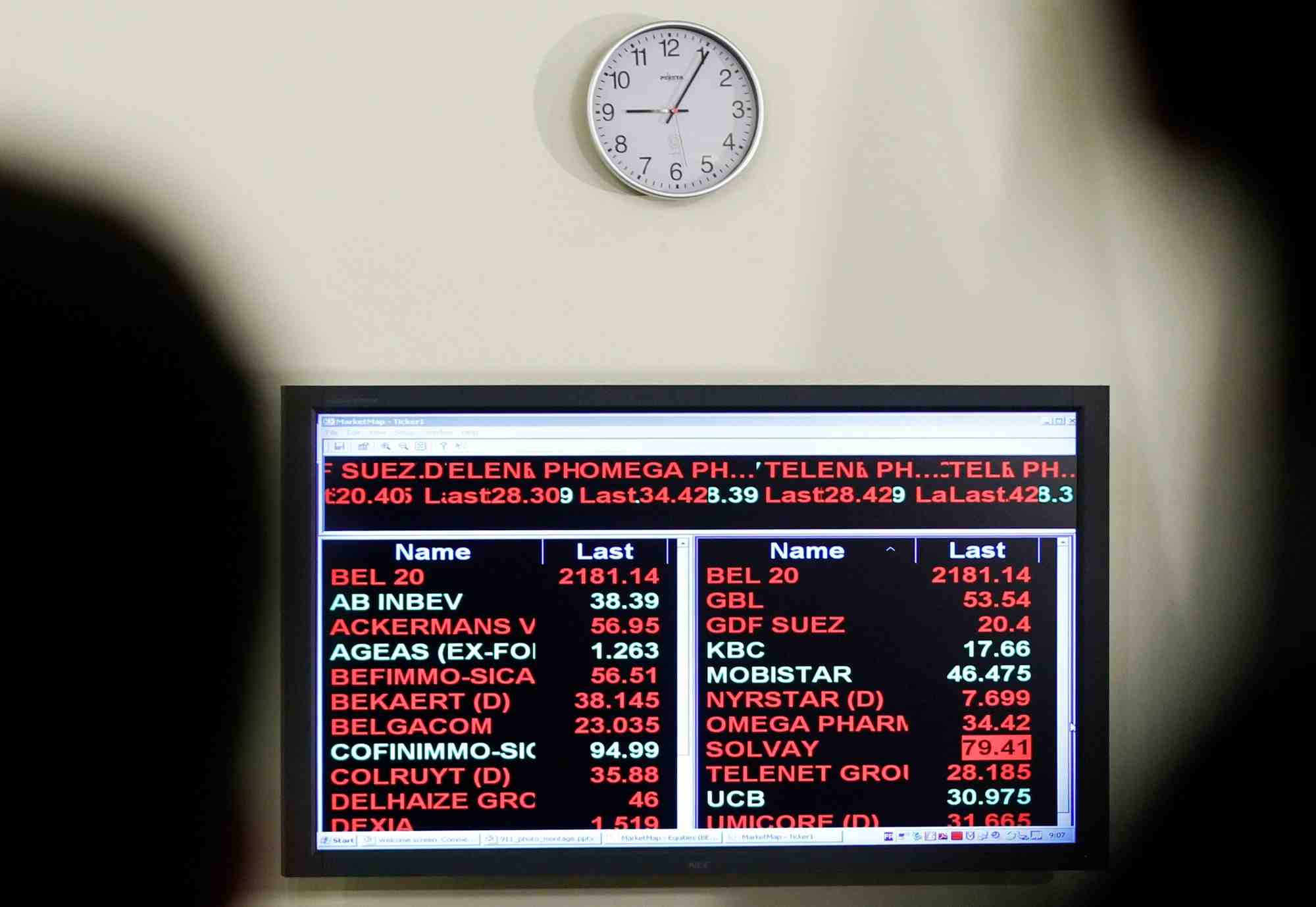 Le tableau de l'indice bel 20 est visible a la bourse nyse euronext de bruxelles