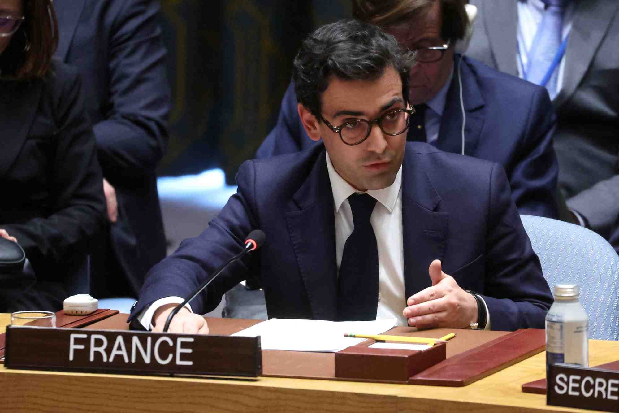 Le ministre francais des affaires etrangeres, stephane sejourne, s'exprime lors d'une reunion du conseil de securite des nations unies a new york