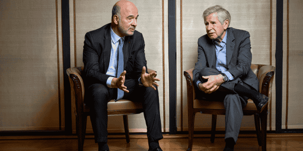 Le premier président de la Cour des comptes, Pierre Moscovici, et l’économiste et essayiste Alain Minc, à Paris mercredi.