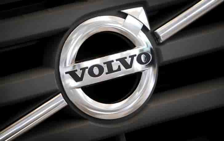 Logo of volvo on the front grill of a volvo truck in a customer showroom at the company's headquarters in gothenburg