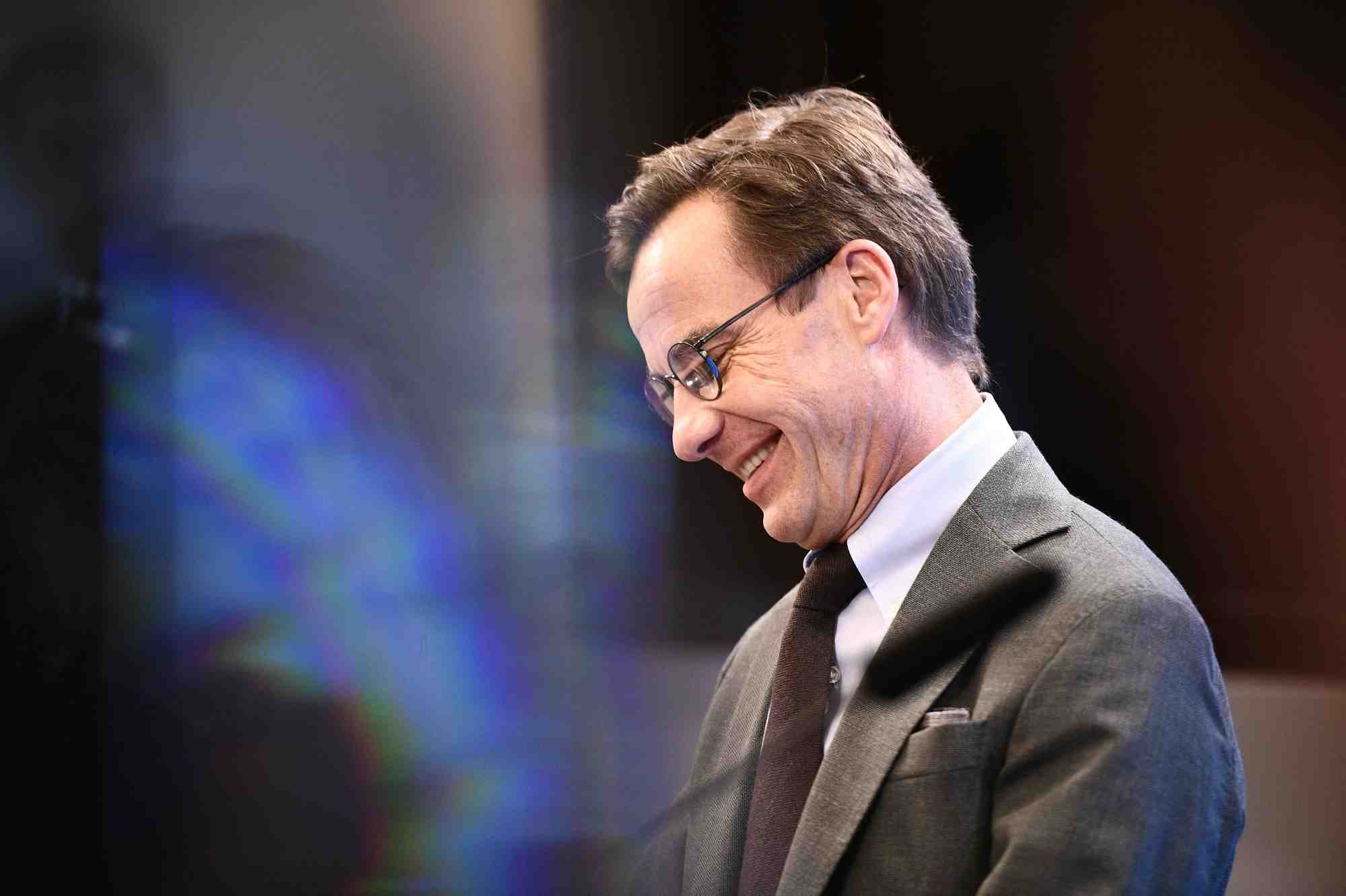 Ulf kristersson, chef de file du parti des moderes suedois, lors d'une conference a stockholm