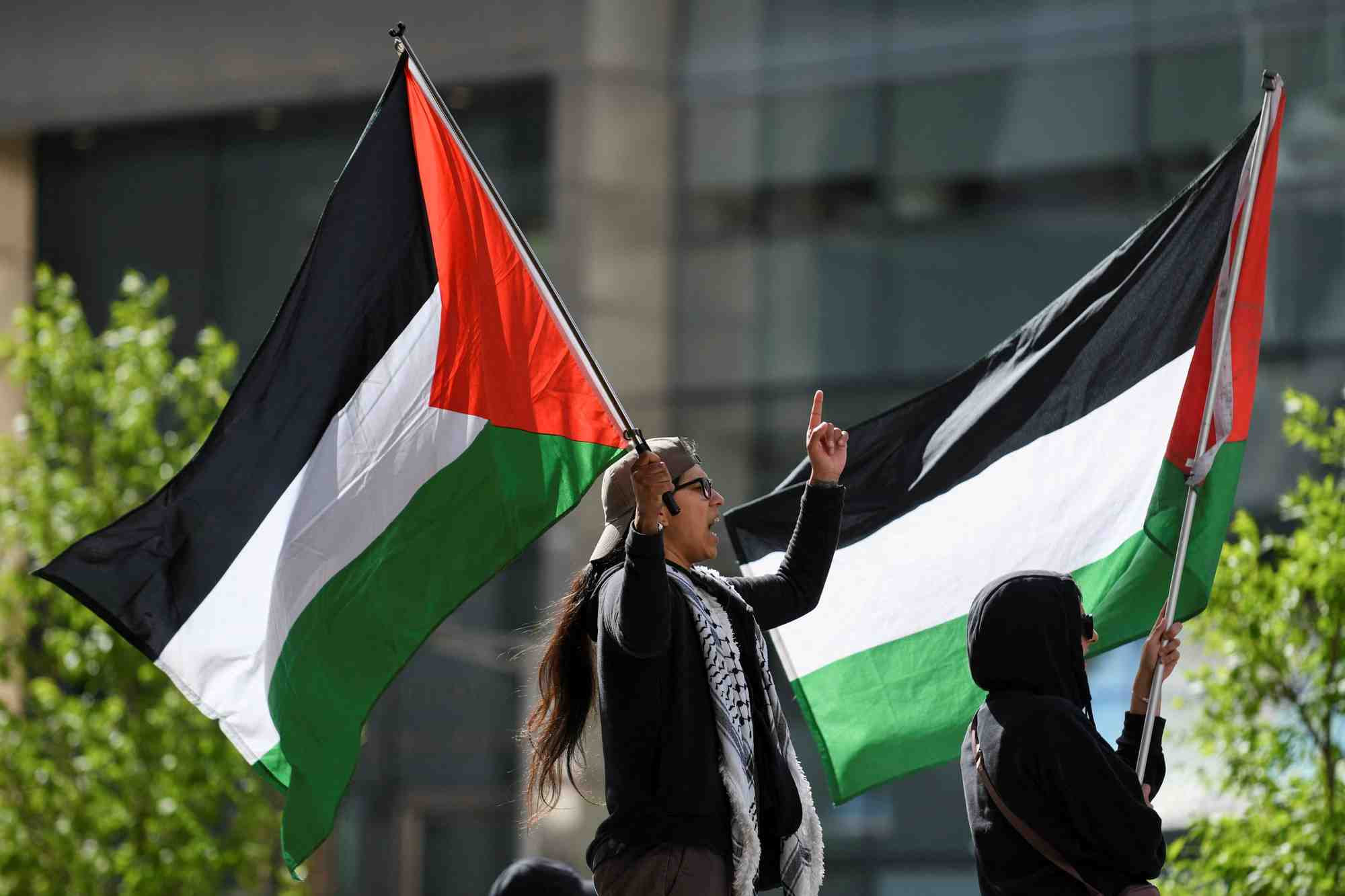 Deux personnes brandissent des drapeaux palestiniens