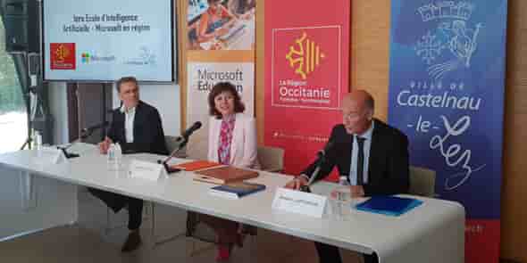 L. Schlosser (Microsoft), C. Delga (Région) et F. Lafforgue (Ville de Castelnau-le-Lez), pour le lancement de l'École IA Microsoft