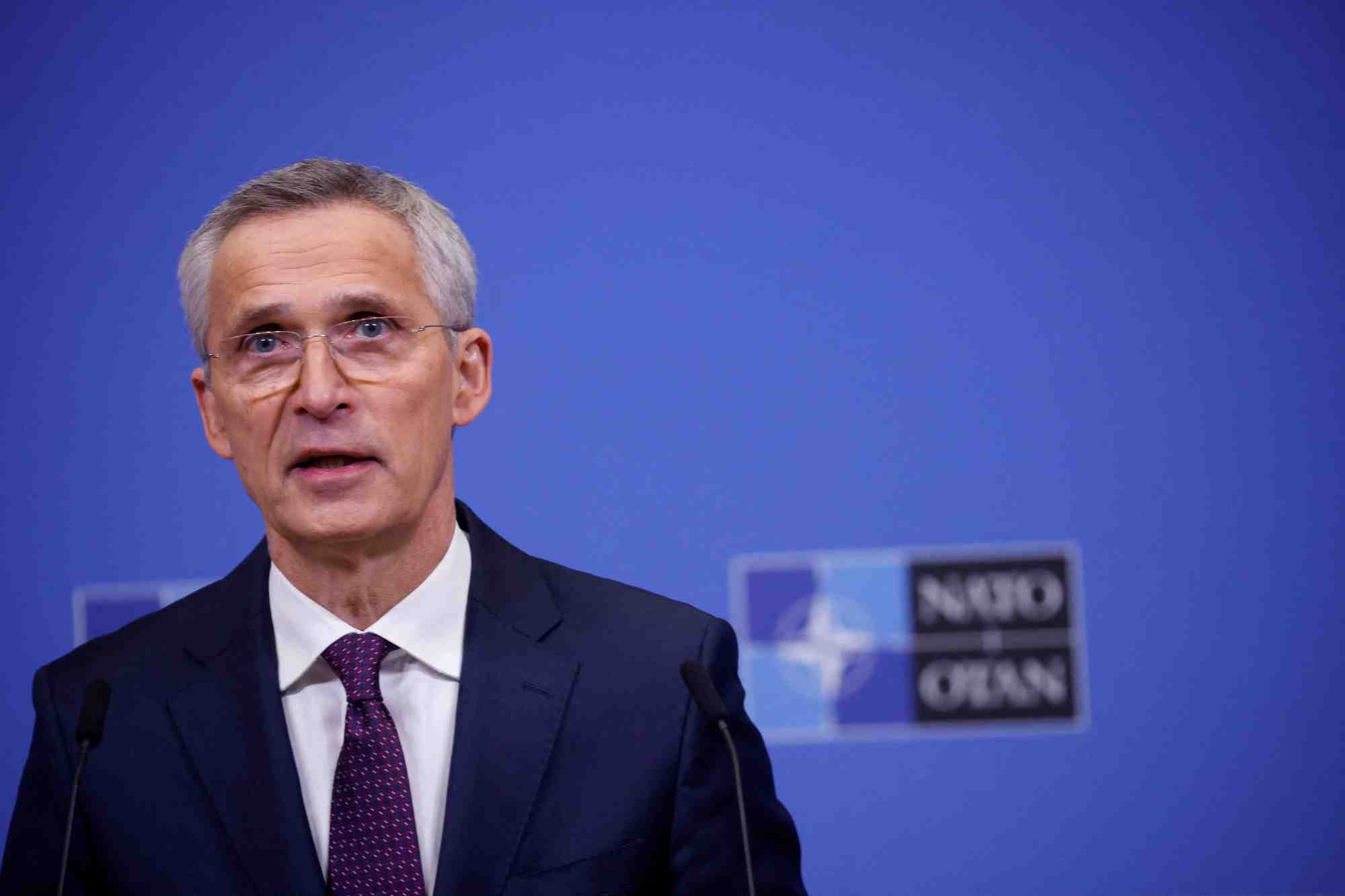 Le secretaire general de l'otan, jens stoltenberg, lors d'une conference de presse a bruxelles, belgique