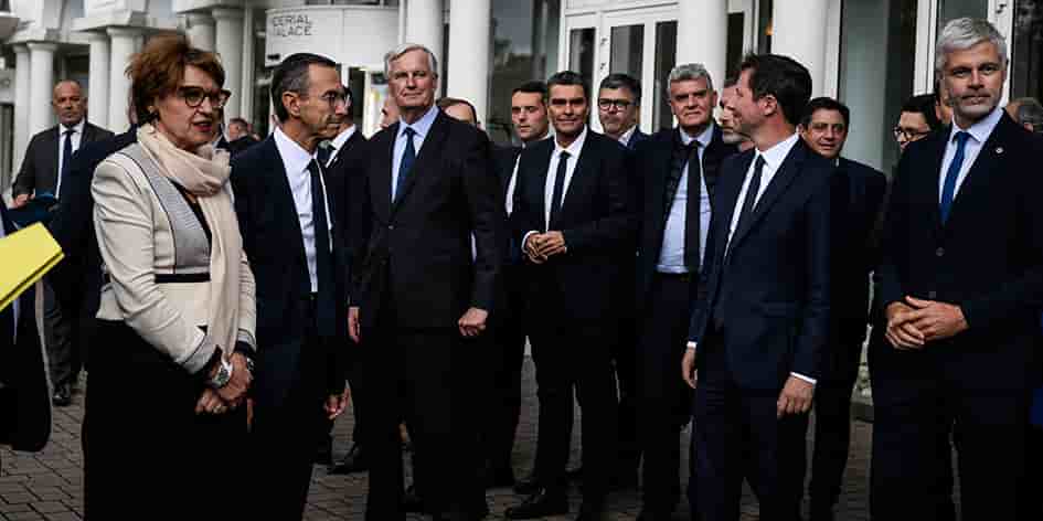 Michel Barnier aux journées parlementaires des Républicains, entouré d’Annie Genevard, Bruno Retailleau et François-Xavier Bellamy. À Annecy (Haute-Savoie), le 12 septembre.