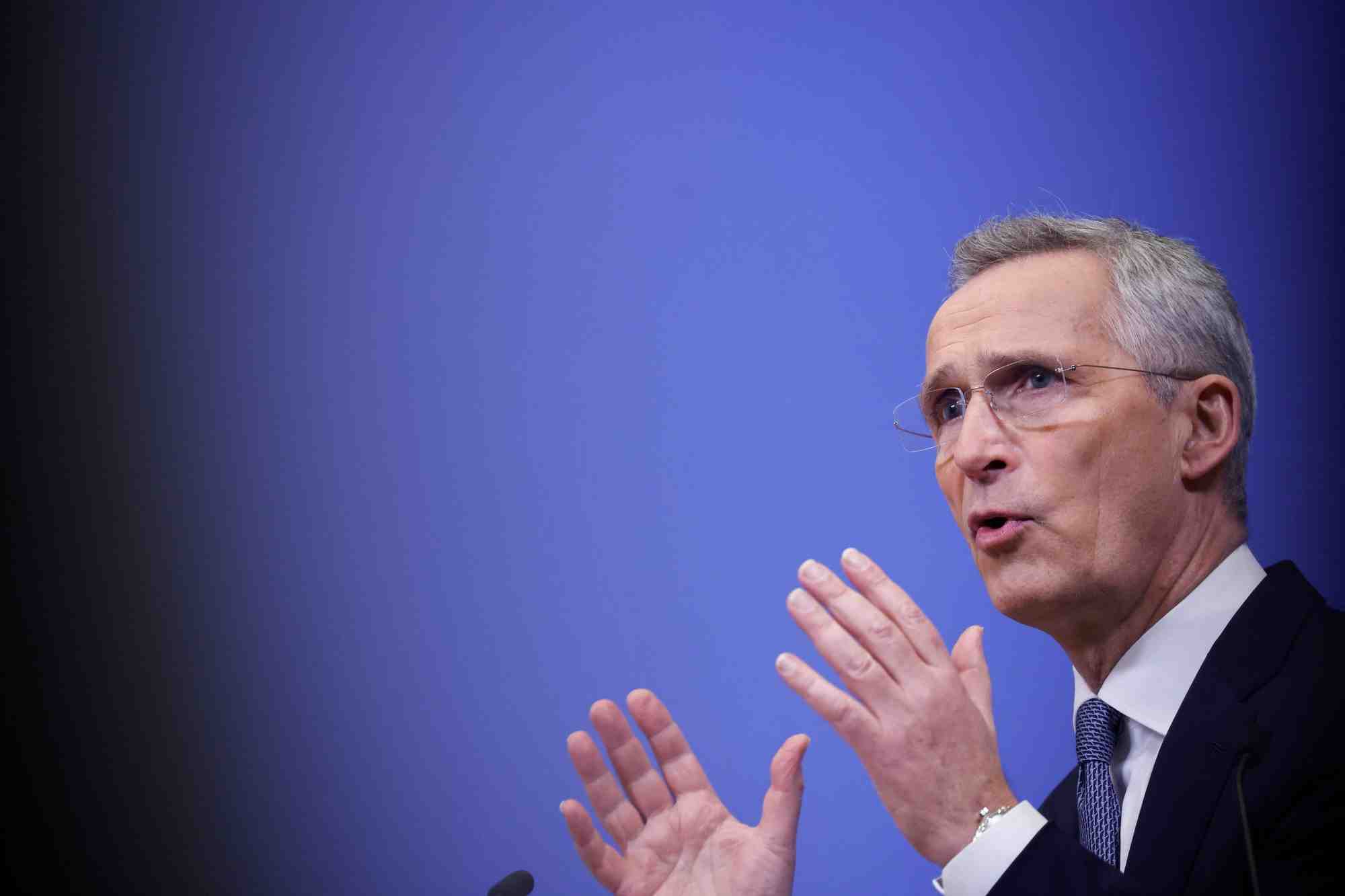Le secretaire general de l'otan, jens stoltenberg, lors d'une conference de presse a bruxelles