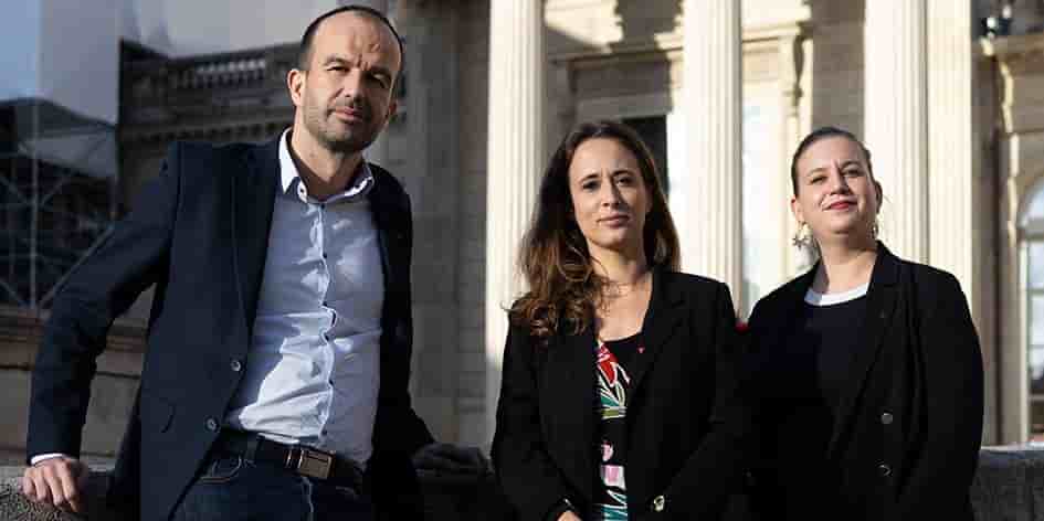 Portrait de Mathilde Panot, Manuel Bompard et Clémence Guetté, à l’Assemblée nationale, à Paris, le 26 novembre 2024.