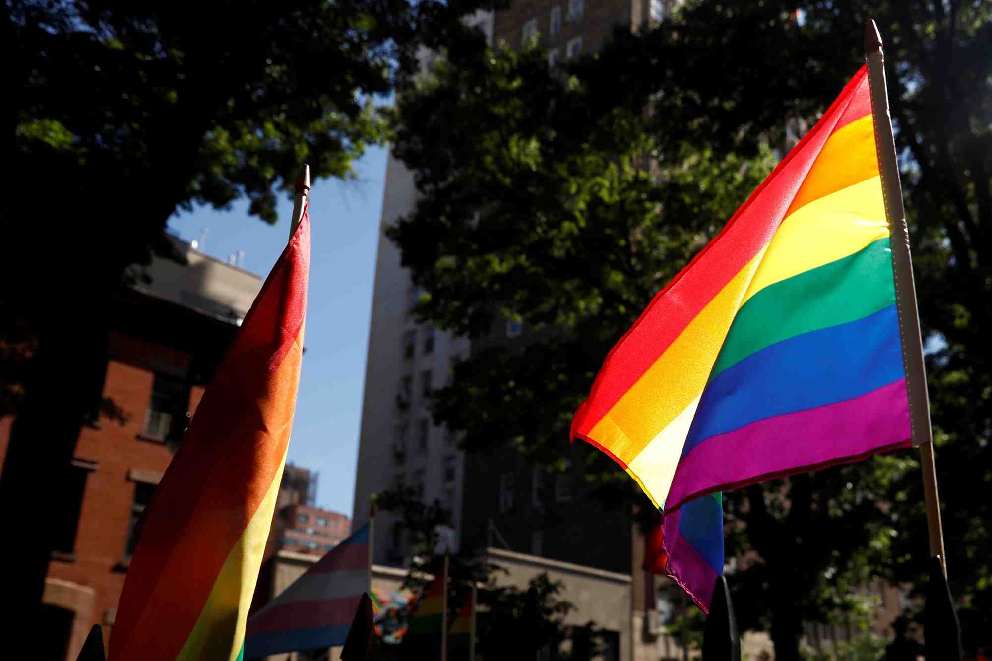 Un drapeau arc-en-ciel flotte au vent dans le parc christopher, devant le stonewall inn a new york