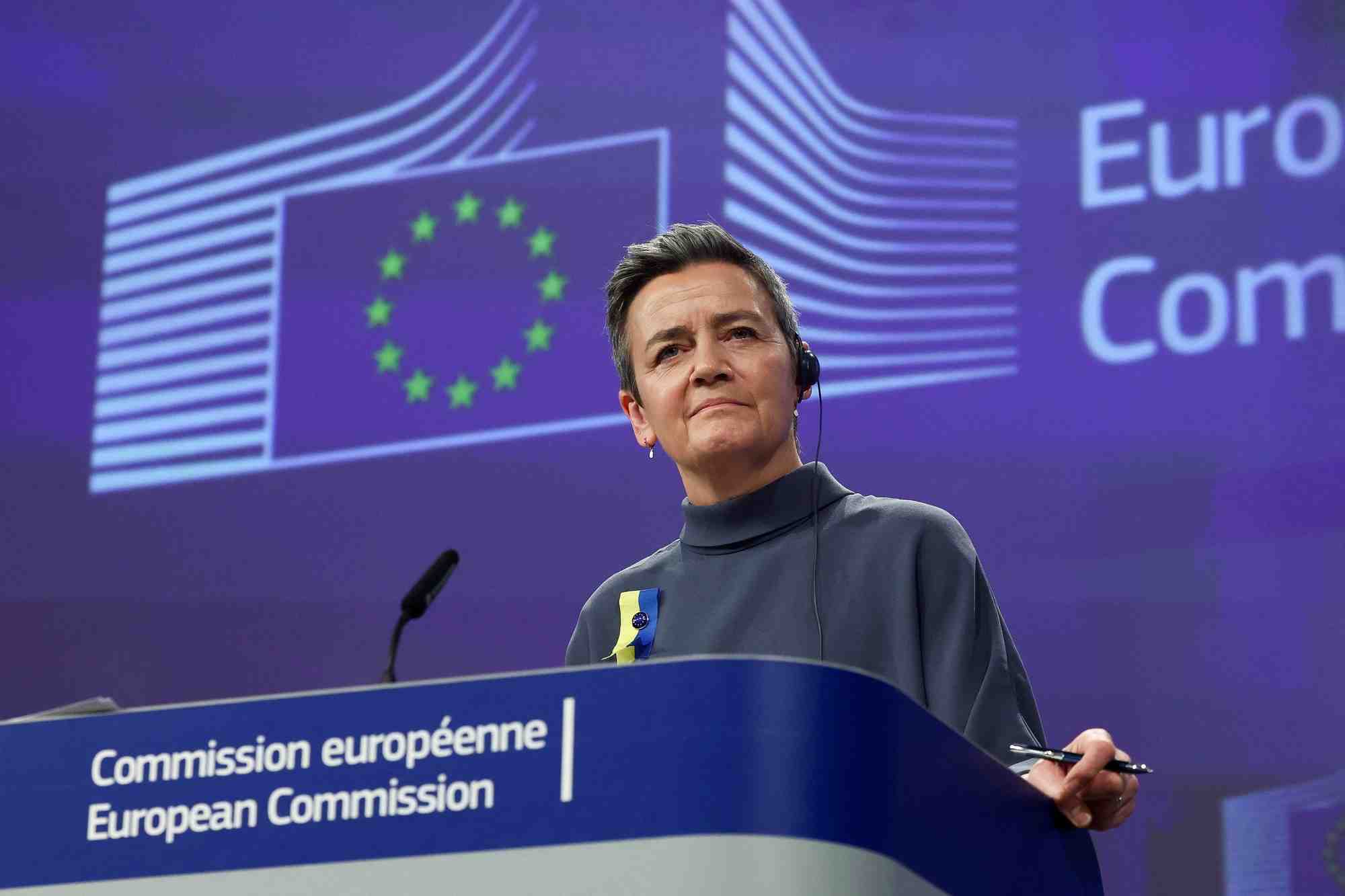 Margrethe vestager assiste a une conference de presse de l'union europeenne a bruxelles, belgique