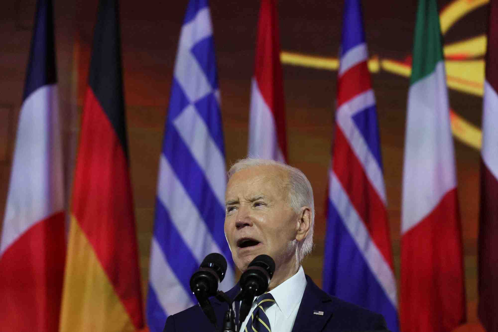 Le president americain joe biden prononce un discours lors d'un evenement marquant le 75e anniversaire de l'otan a washington