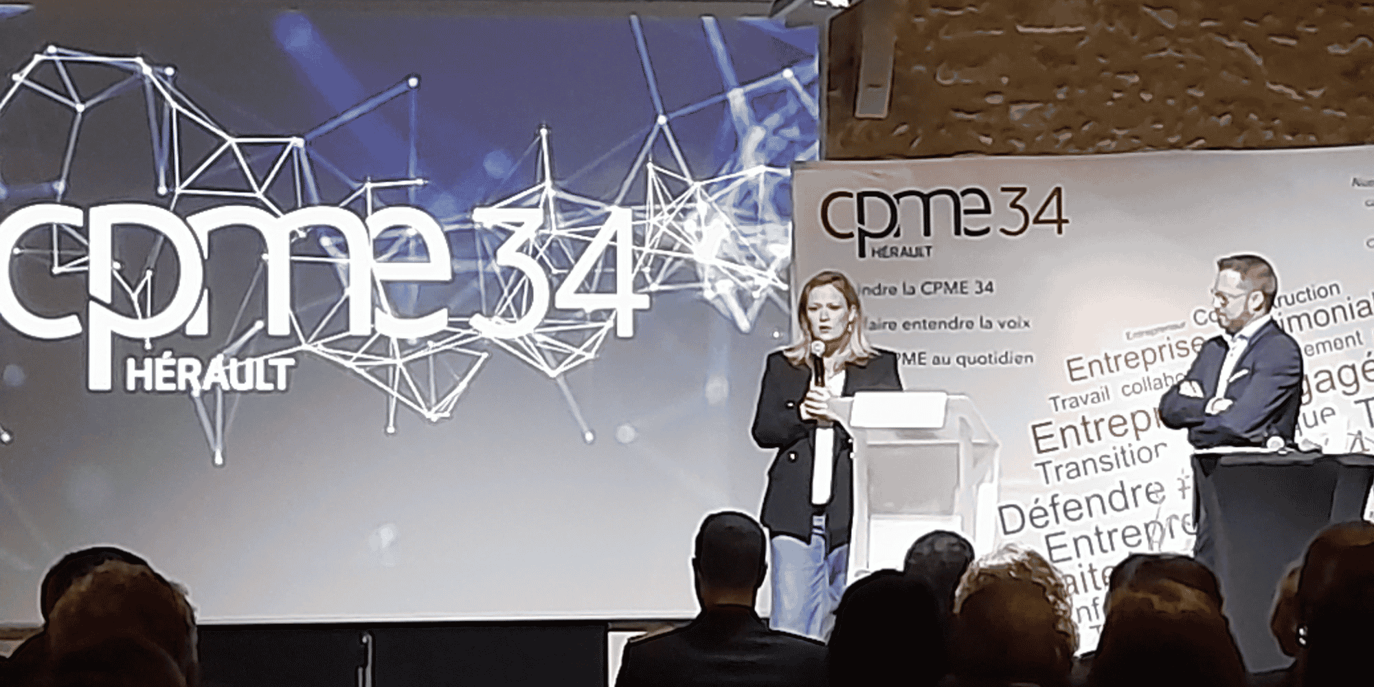 Olivia Grégoire, la secrétaire d’Etat chargée de l’Économie sociale, solidaire et responsable, devant un parterre de dirigeants d’entreprises de la CPME de l’Hérault, le 14 mars 2022.